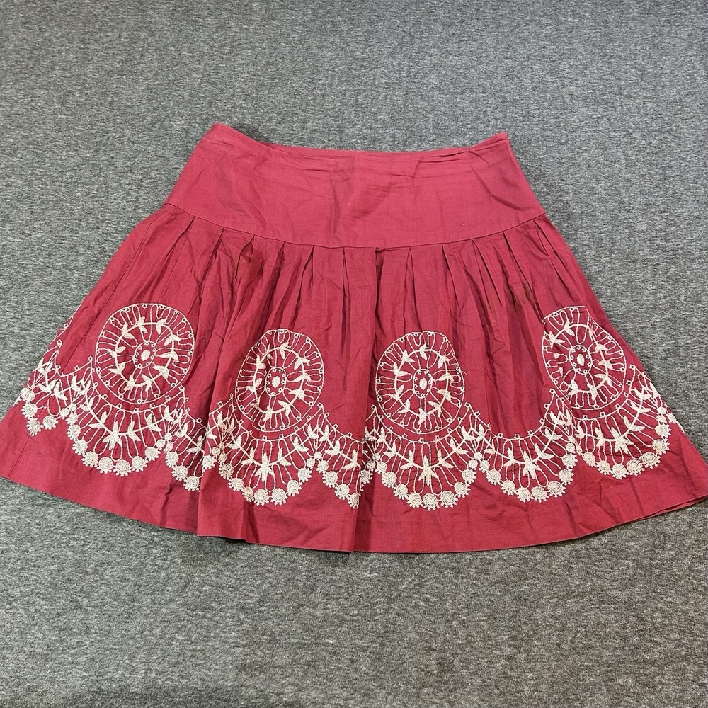 Work To Weekend Red Embroidered Cotton Pleated Skirt 14 Boho A-Line Mid-Length